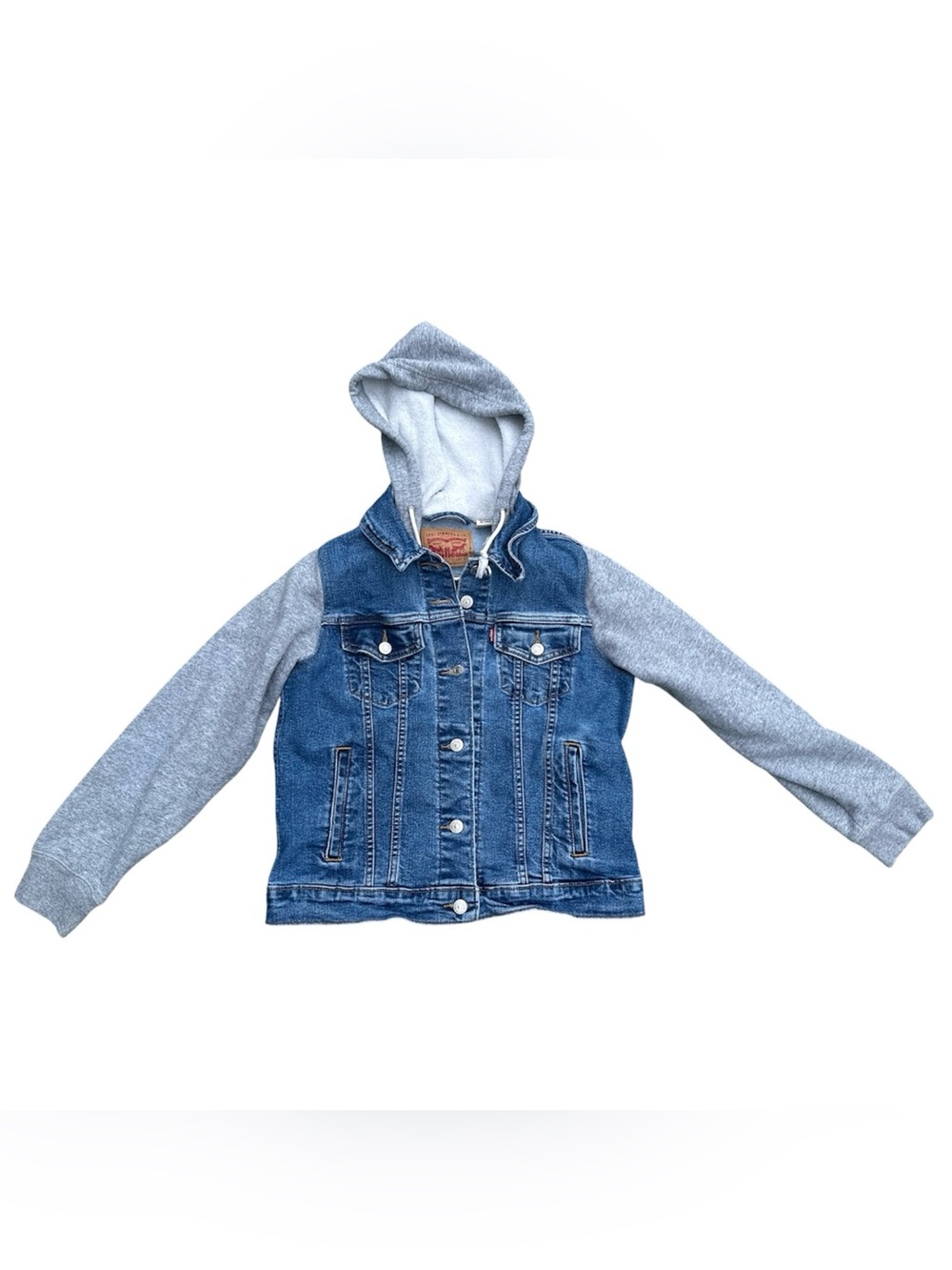 Levi Strauss Denim Grey Hooded Hybrid Trucker Jacket Women Large Tomboy Casual